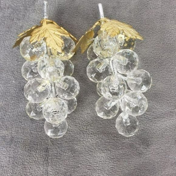 3 Lucite Faceted Grape‎ Clusters Clear Acrylic Vintage Mid Century on Gold Wire - Picture 2 of 7